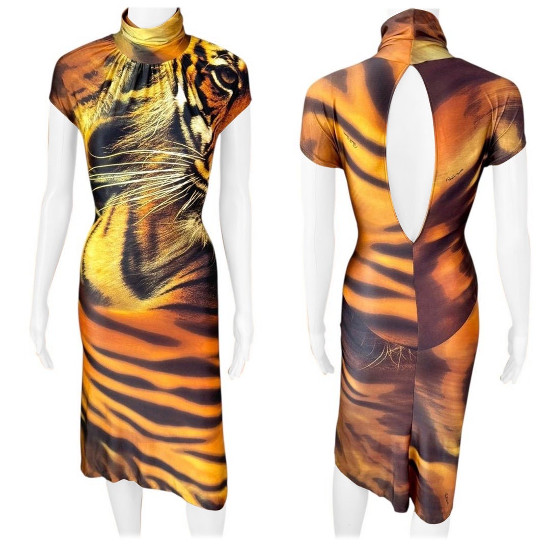 Roberto Cavalli S/S 2000 Cutout Back Turtleneck Tiger Animal Print Midi Dress