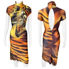 Roberto Cavalli S/S 2000 Cutout Back Turtleneck Tiger Animal Print Midi Dress