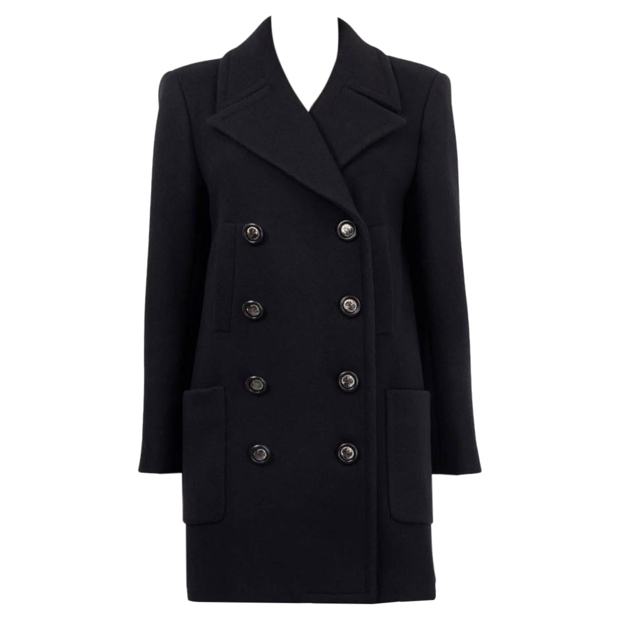 CHANEL Schwarze doppelreihige Erbsenmanteljacke aus Wolle 2017 38 S