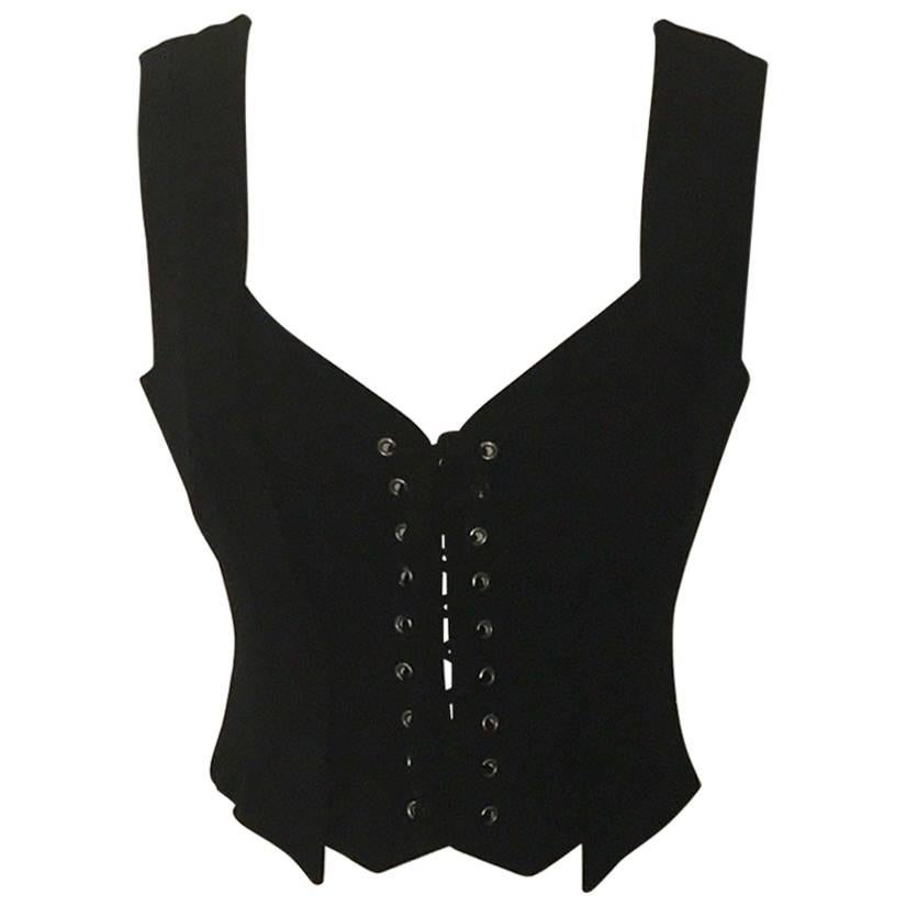 Moschino Couture Repetita Juvant 1990s Black Lace Up Corset Vest Waistcoat