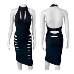 Gianni Versace Vintage Cutout Halter Mock Neck Bodycon Black Midi Dress