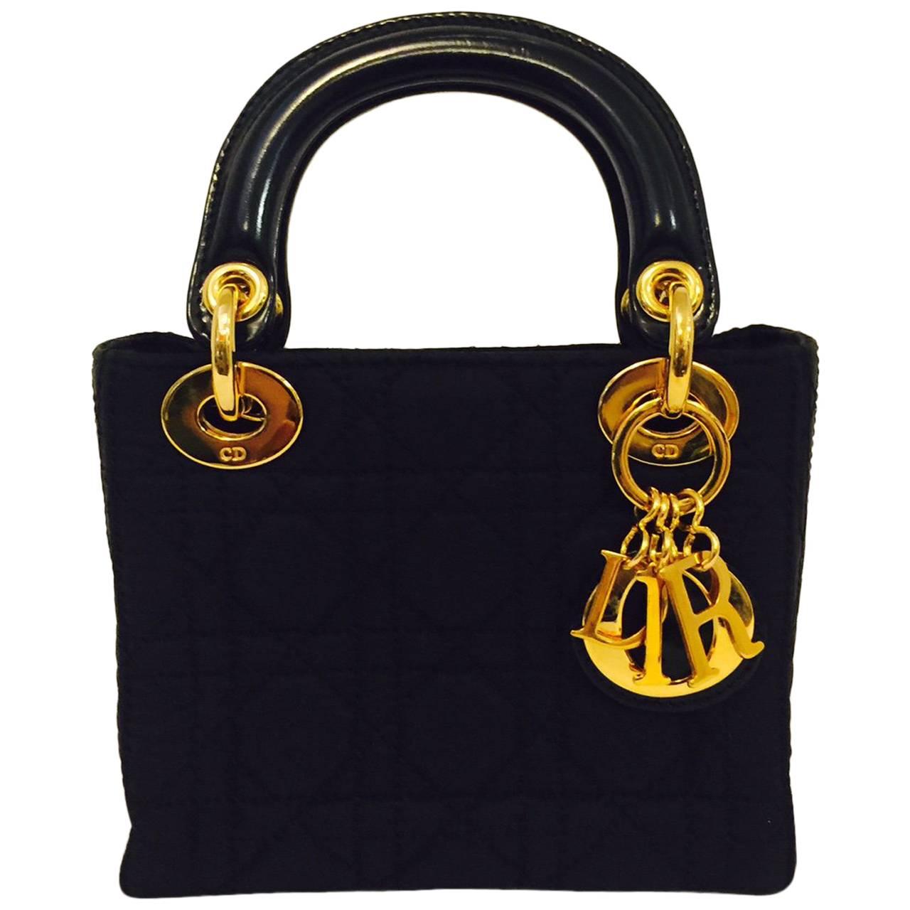 Christian Dior Lady Dior Mini Black Nylon Bag With Gold Tone Hardware