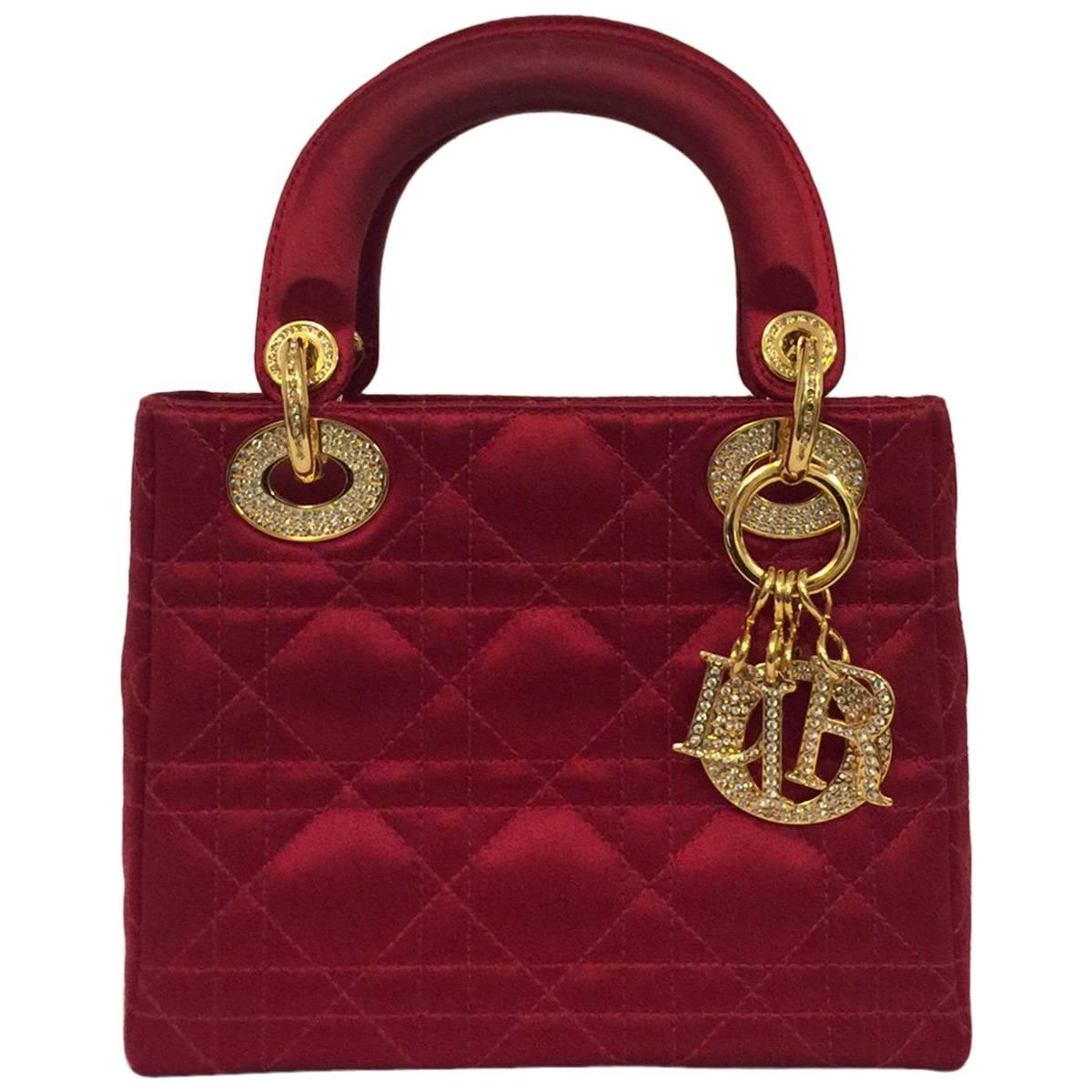 Iconic Mini Lady Dior Ravishing Red Silk Satin Evening Bag With Crystals 