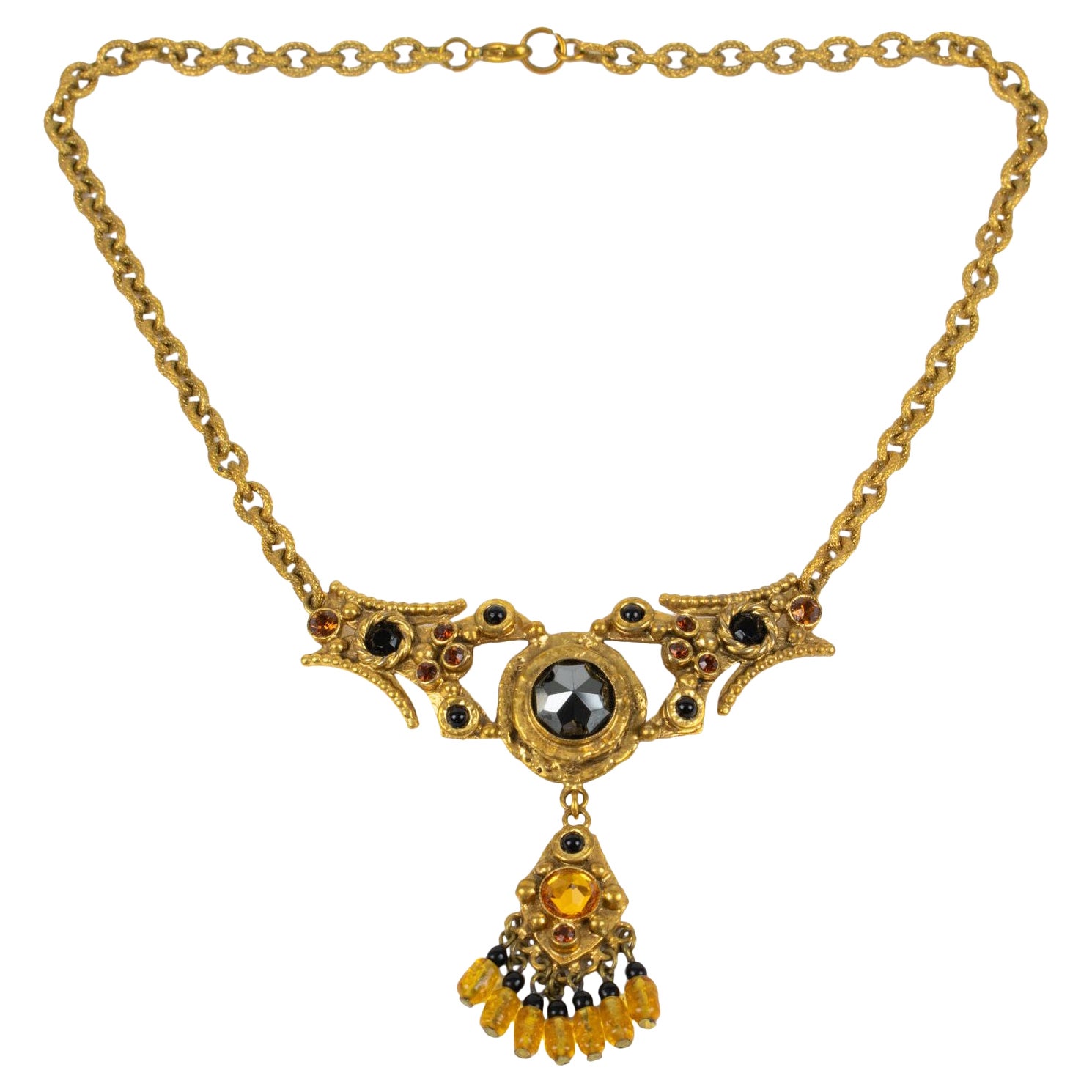 Henry Perichon Collana con catena in bronzo dorato e cabochon Jewell