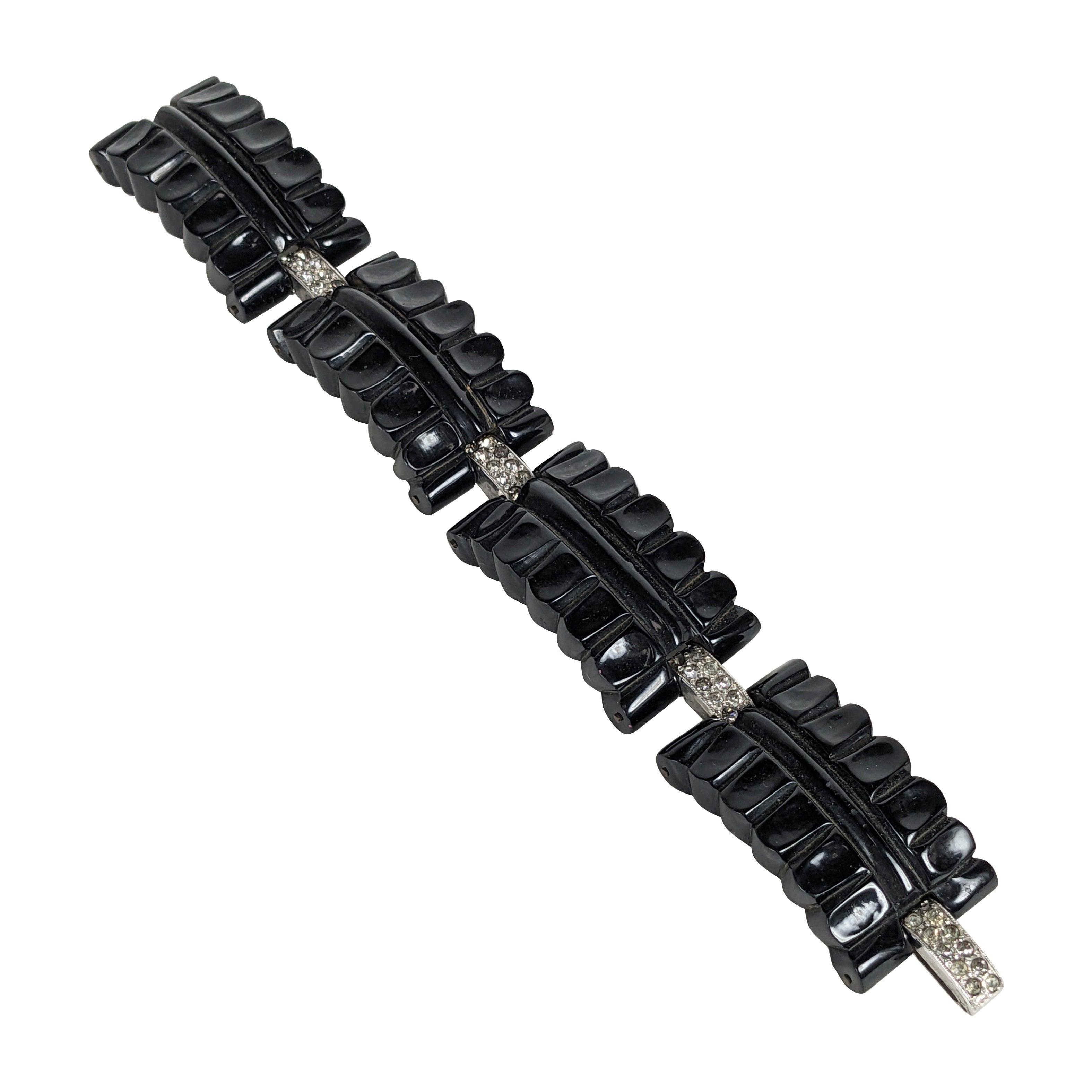 Art Deco Carved Bakelite and Pave Link Bracelet in vendita