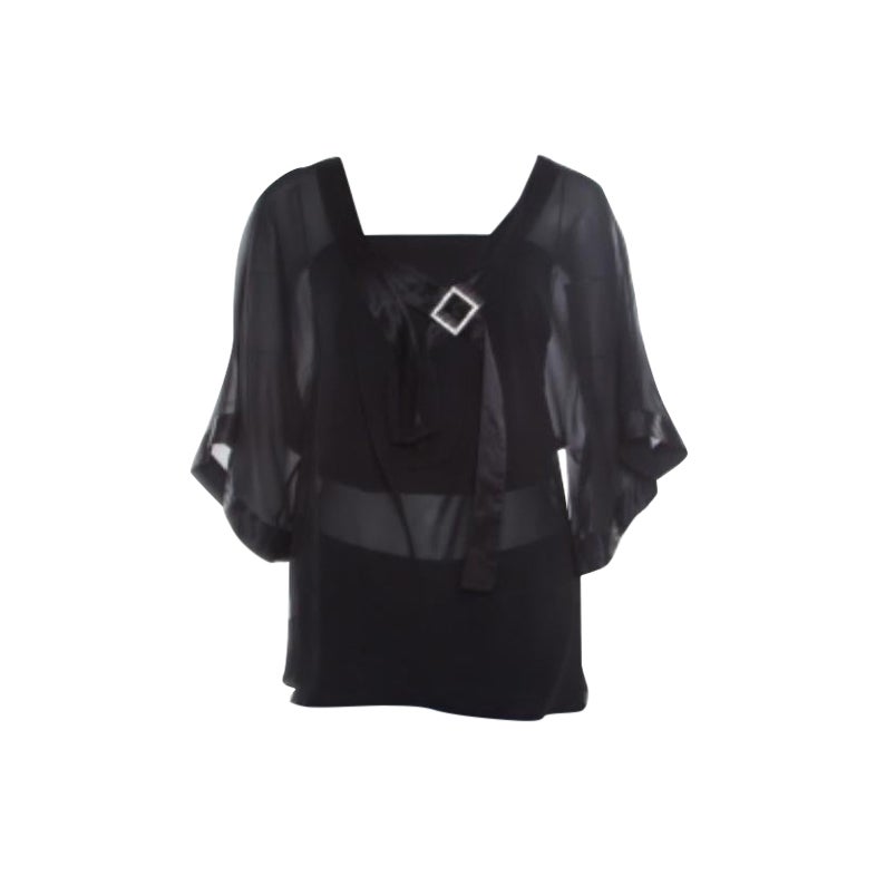 Emporio Armani Black Sheer Silk Embellished Satin Trim Blouse L en vente