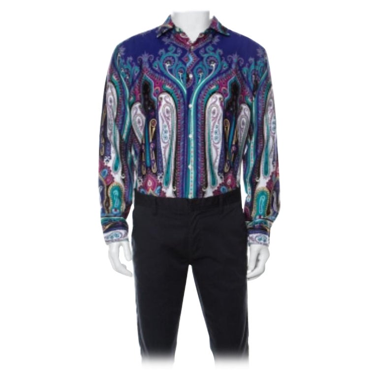 Etro - Camicia in cotone con stampa paistley multicolore L in vendita
