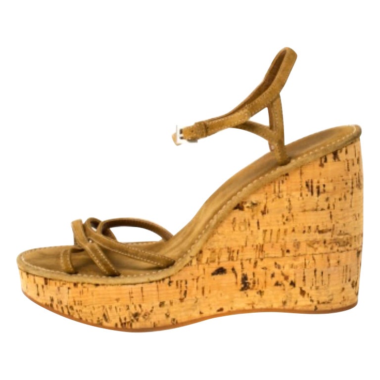 Prada Brown Criss Cross Suede Ankle Strap Cork Wedge Sandals Size 40 en vente