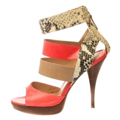 Fendi Tricolor Leather And Python Leather Ankle Strap Platform Sandals Size 37
