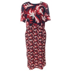 Marni Red & Blue Mixed Print Silk Blend Short Sleeve Dress M