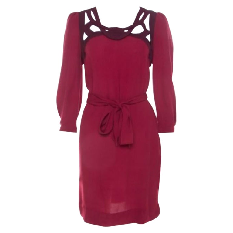 Diane von Furstenberg Burgundy Crepe Cut Out Neck Detail Belted Jadey Dress S en vente