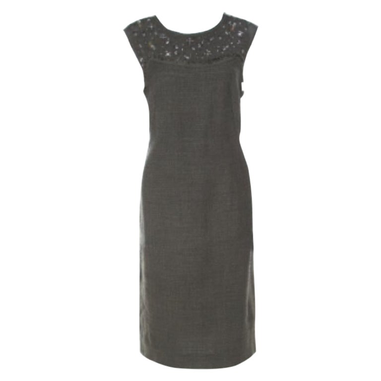 Escada Olive Green Tweed Embellished Delrose Sleeveless Dress M en vente