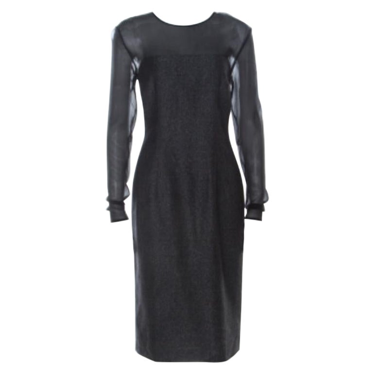 Escada Metallic Grey Wool Blend Sheer Yoke Dariello Pencil Dress M en vente