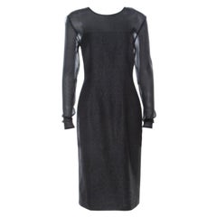 Escada Metallic Grey Wool Blend Sheer Yoke Dariello Pencil Dress M