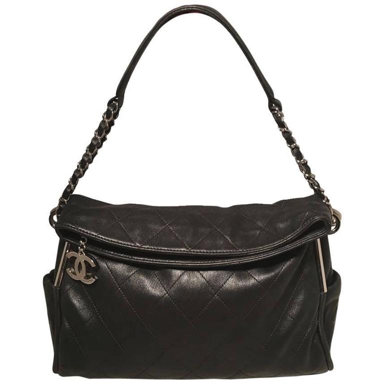 Chanel Quilted Black Leather Fold Over Top Flap Shoulder Bag For