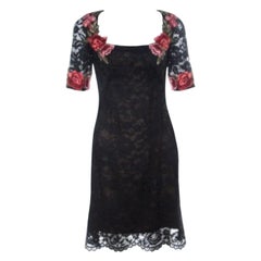 Used Marchesa Notte Black Lace Floral Applique Backless Short Dress S