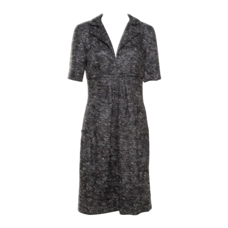 Oscar de la Renta Grey Textured Lurex Plunge Neck Detail Short Sleeve Dress M en vente