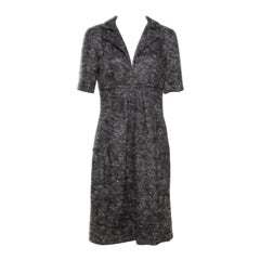 Oscar de la Renta Grey Textured Lurex Plunge Neck Detail Short Sleeve Dress M