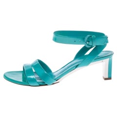 Casadei Turquoise Patent Leather Open Toe Cross Strap Mid Heel Sandals Size 36