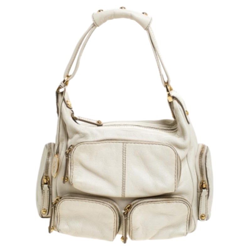Tod's Cream Leather Zipped Pockets Satchel in vendita