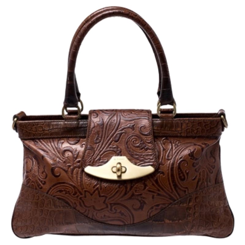 Etro Brown Paisley Embossed Leather Turnlock Shoulder Bag en vente