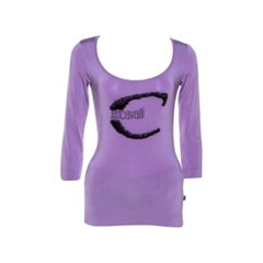 Roberto Cavalli Lilac Jersey Embellished Logo Scoop Neck Top S