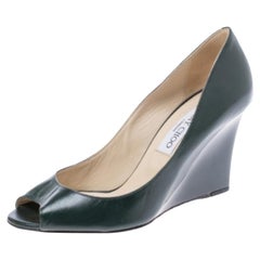 Jimmy Choo Dark Green Leather Baxen Peep Toe Wedge Pumps 38.5