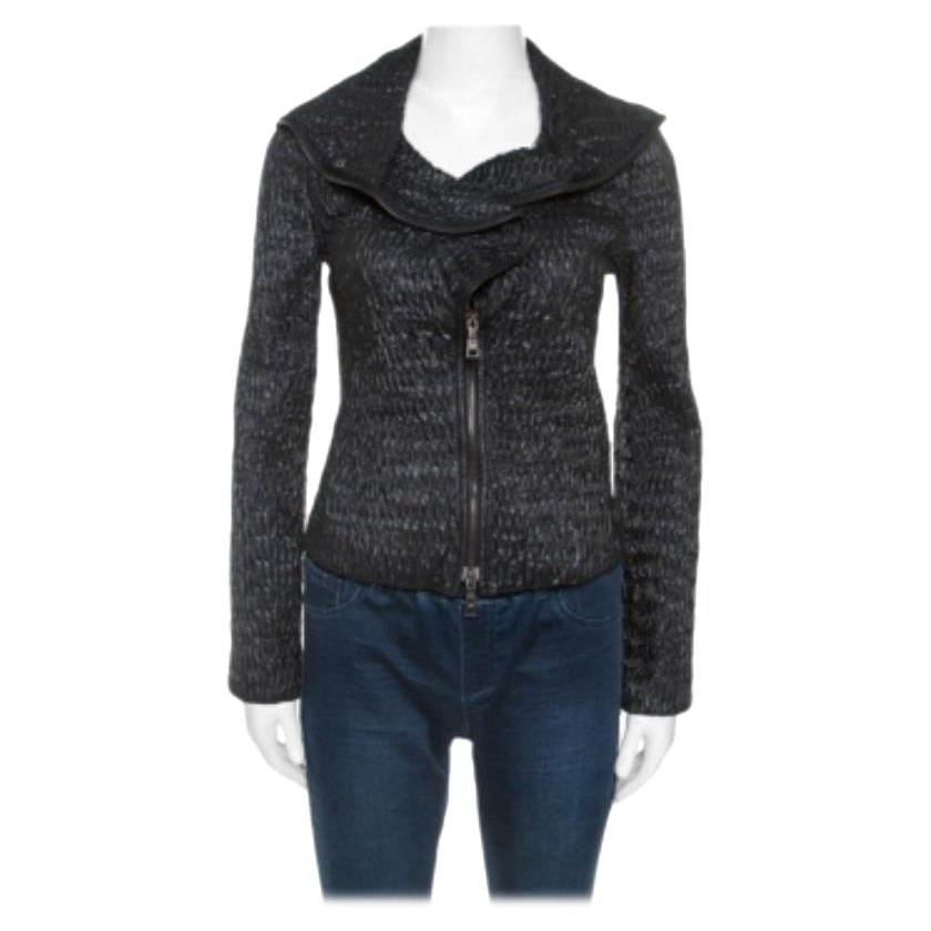 Emporio Armani Schwarz Zerknitterte Zip Front Jacke S im Angebot