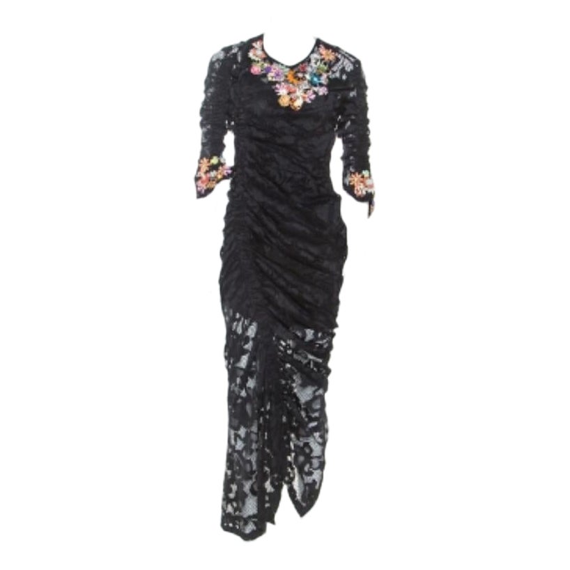 Preen Black Stretch Lace Embellished Detail Ruched Georgia Dress L in vendita