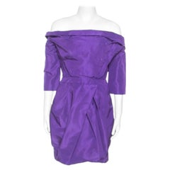 Vera Wang Purple Silk Crystal Embellished Off Shoulder Dress L