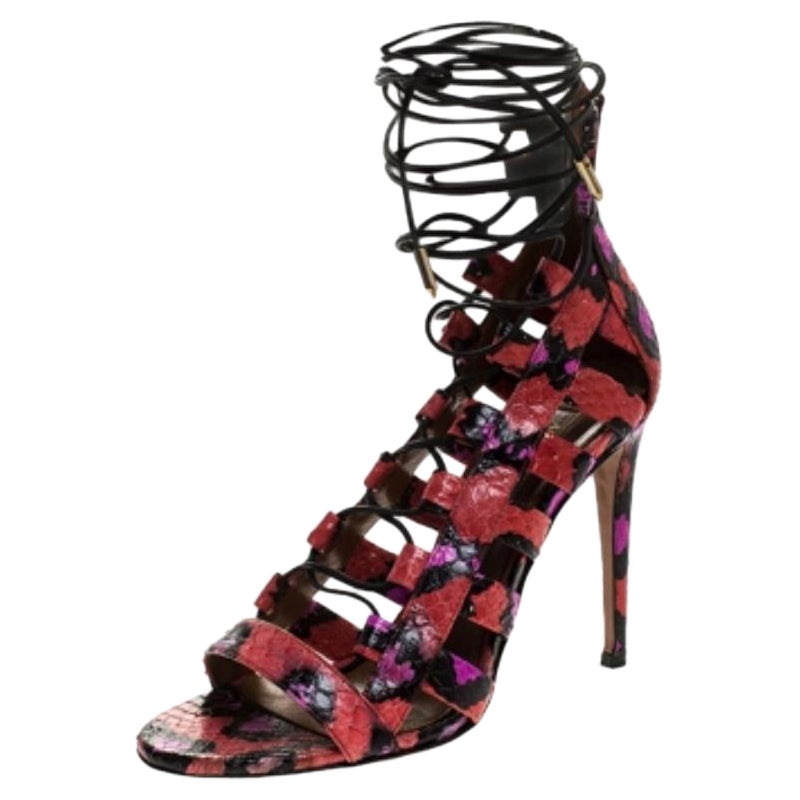 Aquazzura Multicolor Python Leather Elaphe Cut Out Ankle Wrap Sandals Size 37 in vendita