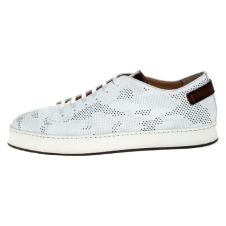 Santoni White Perforated Leather Low Top Sneakers Size 40.5 in vendita