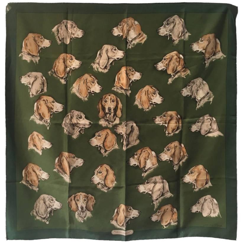 Hermes Vintage Green Monarch Dog Print Silk Scarf c1970s