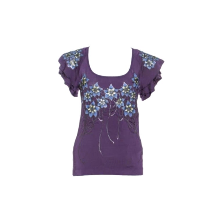 Just Cavalli Lila Stretch Jersey Floral geprägtes Detail Top M im Angebot