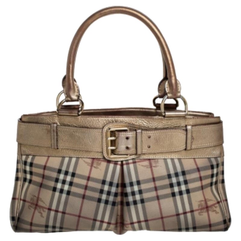 Burberry Beige/Gold Haymarket Check Coated Canvas and Leather Bridle Tote en vente