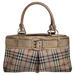 Burberry Beige/Gold Haymarket Check Coated Canvas and Leather Bridle Tote