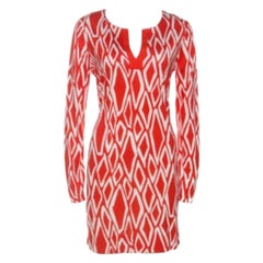 Diane Von Furstenberg Coral Red Ikat Print Silk Reina Long Sleeve Dress L