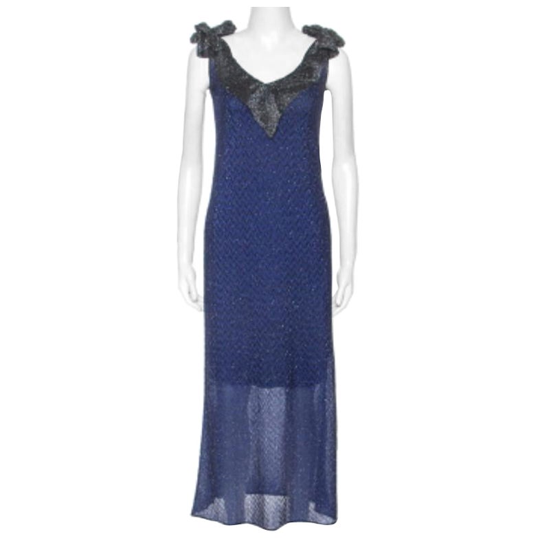 M-One Blue Metallic Knit Tie Shoulder Detail Maxi Dress S en vente