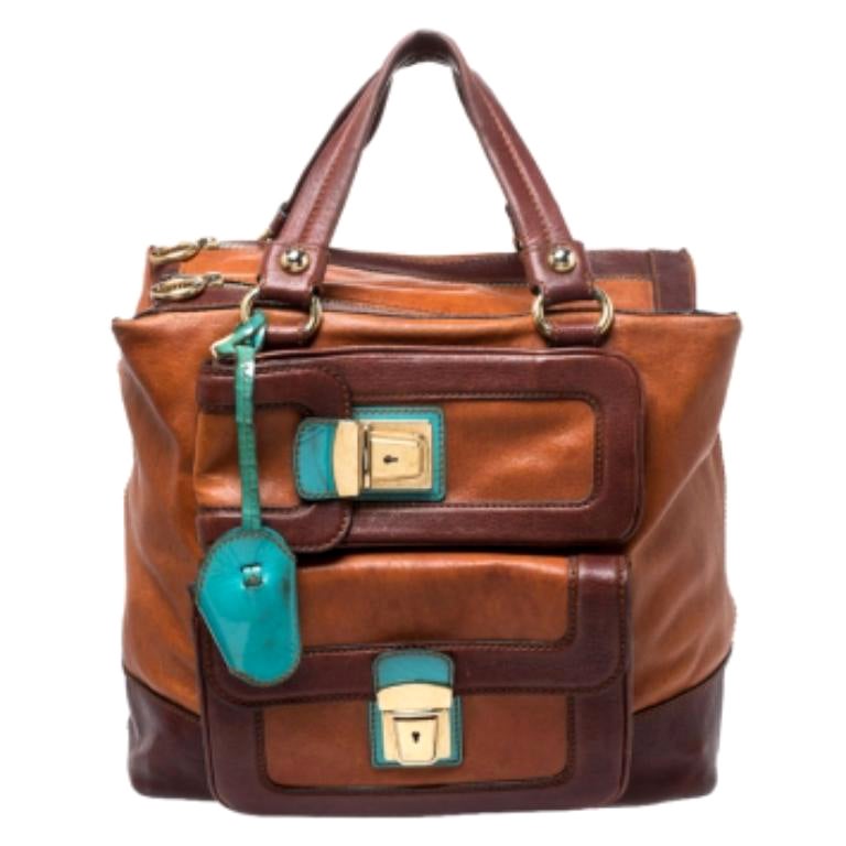 Dolce & Gabbana Brown/Turquoise Leather Push Lock Satchel in vendita