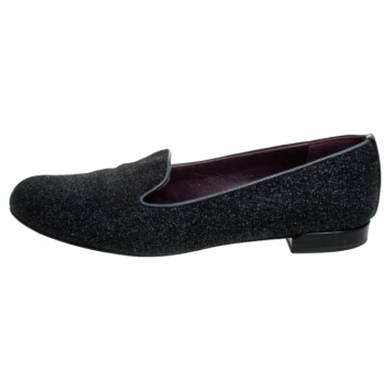 Stuart Weitzman Black Glitter Leather Smoking Slippers Size 37.5 in vendita