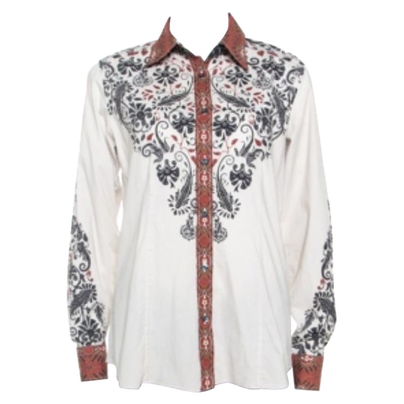 Etro Beige bedrucktes Hemd aus Stretch-Baumwoll mit Knopfleiste vorne L im Angebot