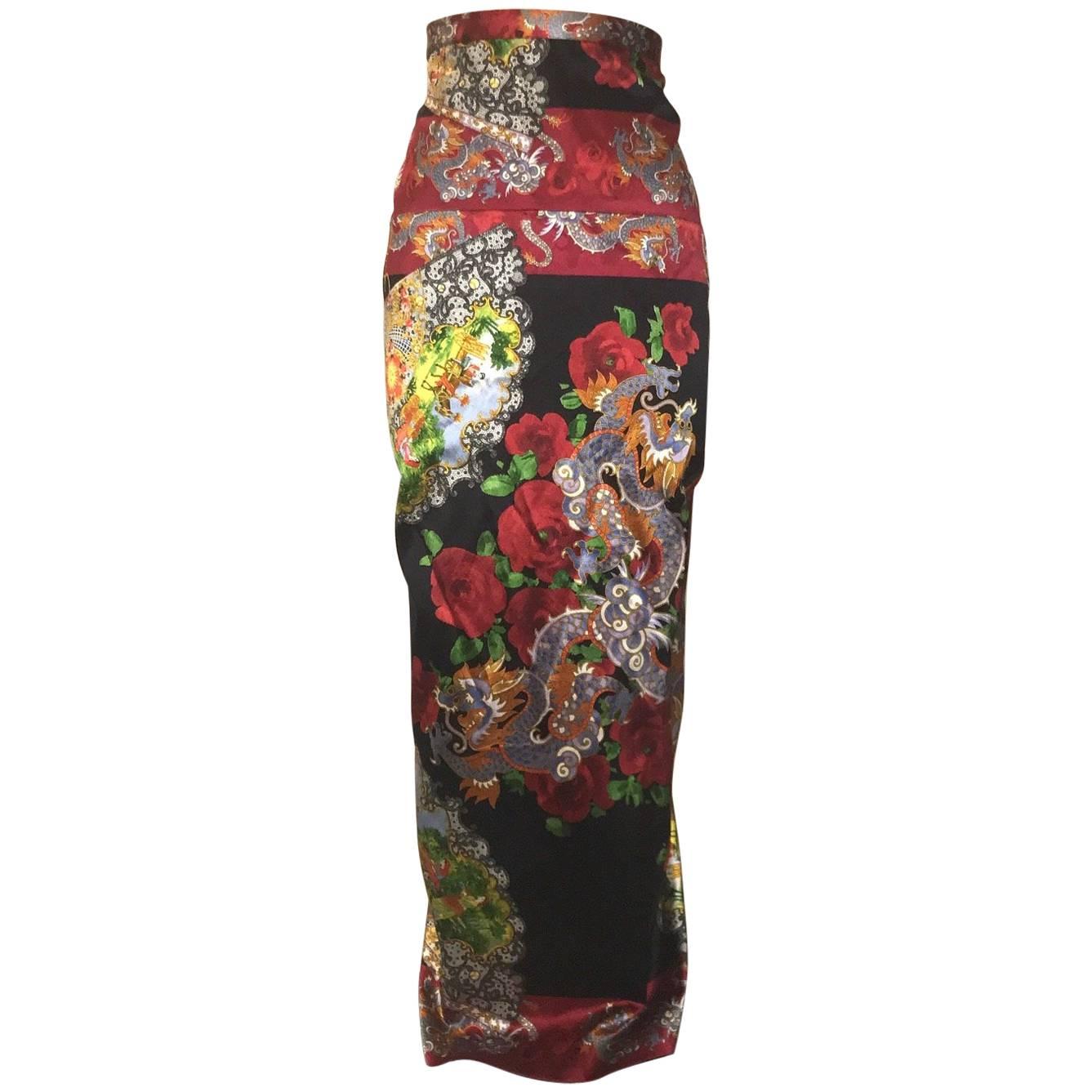 Dolce 
Gabbana 1999 Chinese Inspired Dragon and Fan Print Wiggle Maxi Skirt