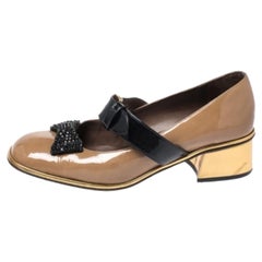 Marni Brown Patent Leather Embellished Bow Mary Jane Buckle Strap Pumps Size 38