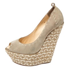 Giuseppe Zanotti Beige Suede Leather Peep Toe Wedge Platform Pumps Size 38.5