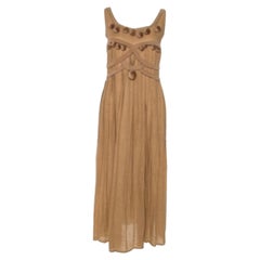 Bottega Veneta Camel Beige Linen Pom Pom Detail Pleated Dress L