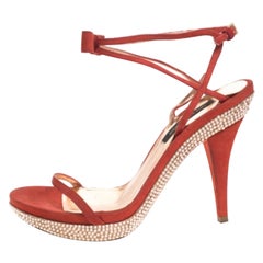 Sergio Rossi Red Suede Crystal Embellished Ankle Strap Platform Sandals Size 37