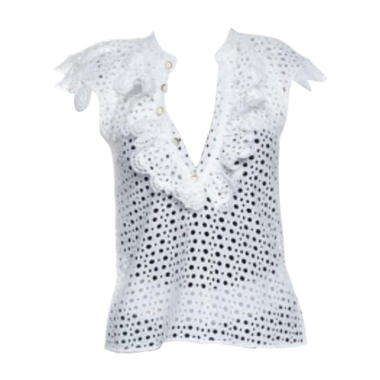 Oscar de la Renta White Eyelet Lace Ruffle Detail Top M in vendita