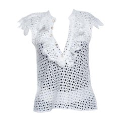 Oscar de la Renta White Eyelet Lace Ruffle Detail Top M
