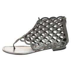 Sergio Rossi Metallic Grey Leather Cut Out Scalloped Flat Sandals Size 37.5