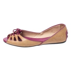 Tod's Brown Leather And Patent Trim Peep Toe Ballet Flats Size 37